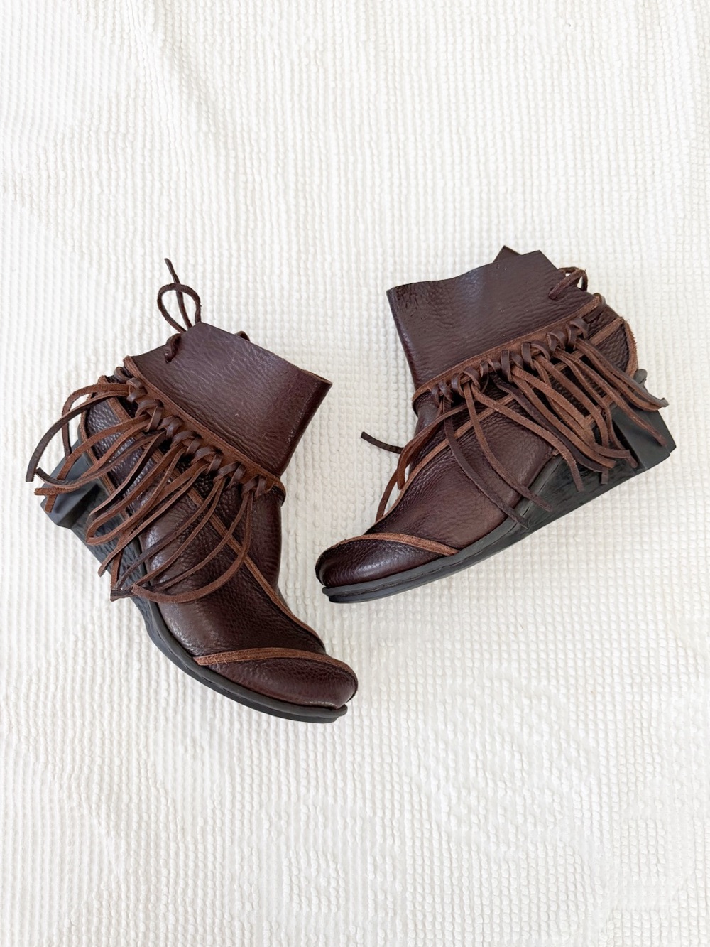 Trippen California Brown Leather Ankle Boots Fringed Wedge 37 US 6.5